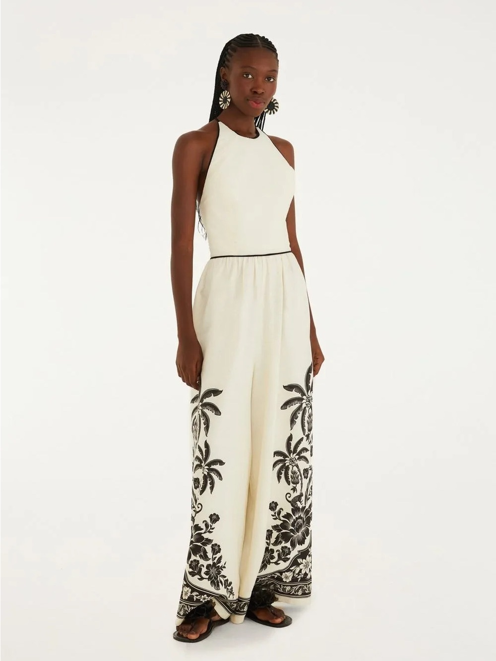 Farm Halter Wide-Leg Jumpsuit with Black Botanical Print